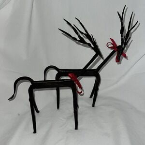 2 Brutalist Primitive Antelope Wrought Iron Figurines Black Rustic Unique Kitchy